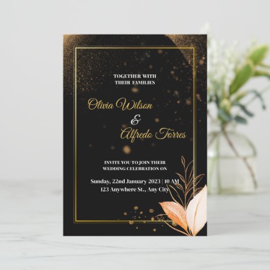 Zwarte bruiloft uitnodiging met gouden kleuren (Staand voorkant)