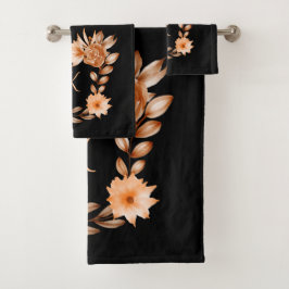 Zwarte, bruine en perzik bloemen met monogram  bad handdoek