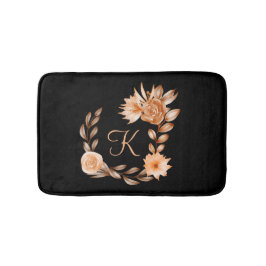 Zwarte, bruine en perzik bloemen met monogram  badmat
