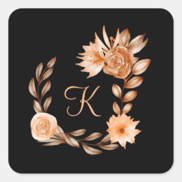Zwarte, bruine en perzik bloemen met monogram  vierkante sticker