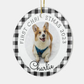 Zwarte Buffalo Check Eerste Kerstmis Foto van Huis Keramisch Ornament (Links)