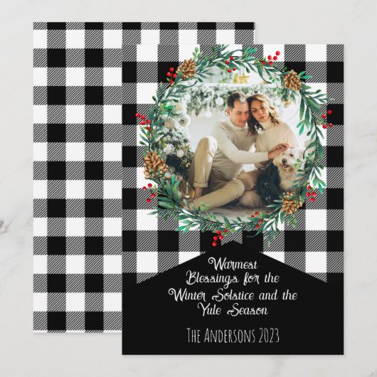 Zwarte Buffalo Plaid Foto Krans Yule Zonnewende Feestdagenkaart (Voorkant / Achterkant)