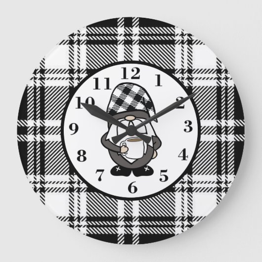 Zwarte Buffalo Plaid Gnome Grote Klok (Voorkant)