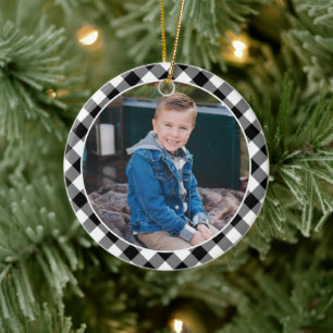 Zwarte Buffalo Plaid Kerst Kinder Foto Keramisch Ornament
