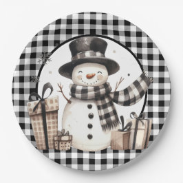 Zwarte Buffalo Plaid Sneeuwman Papieren Bordje