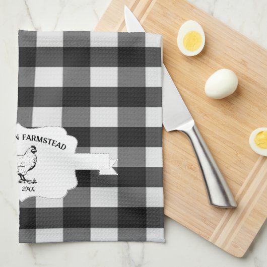 Zwarte Buffel geruite Boerderij kip keukenhanddoek (Quarter Fold)