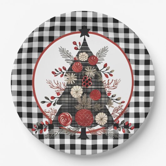 Zwarte Buffel Plaid Kerstmis Papieren Bordje (Voorkant)