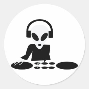 zwarte buitenaardse draaitafel dj - pictogram ronde sticker