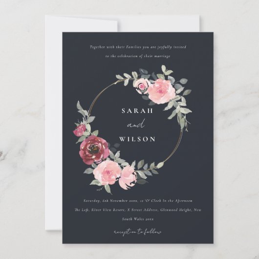 ZWARTE BURGUNDY FLORAL WREATH WEDDING INVITE BEDANKKAART (Voorkant)