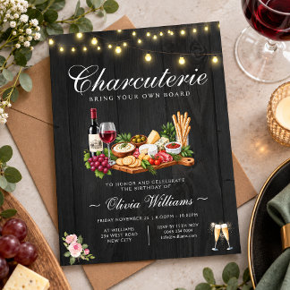 Zwarte BYOB Charcuterie Verjaardagsuitnodiging Notitiekaartje