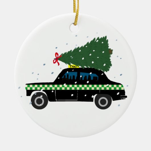 Zwarte Cab Taxi-kerstboom Tekening sneeuw Keramisch Ornament (Voorkant)