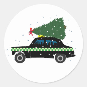 Zwarte Cab Taxi-kerstboom Tekening sneeuw Ronde Sticker