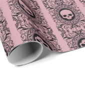 zwarte Cameo Damask Skulls op roze inpakpapier (Rol Hoek)