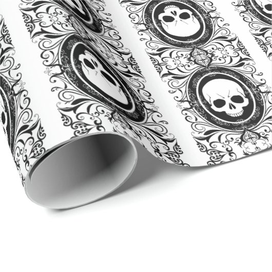 Zwarte Cameo Damask Skulls op wit inpakpapier (Rol Hoek)