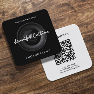 Zwarte cameralens fotografie vierkante visitekaartje