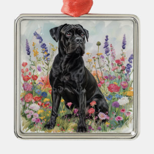 ZWARTE CANE CORSO HOND IN BLOEMENVELD METALEN ORNAMENT