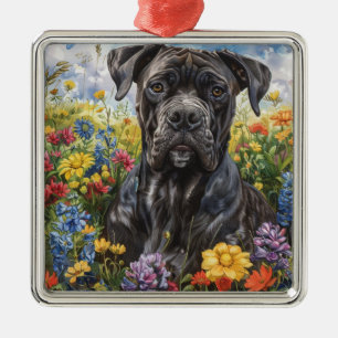 ZWARTE CANE CORSO HOND IN BLOEMENVELD METALEN ORNAMENT