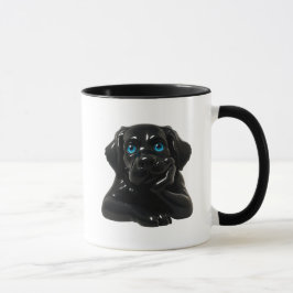 Zwarte cartoon hond in 3D nadenkend. Mok