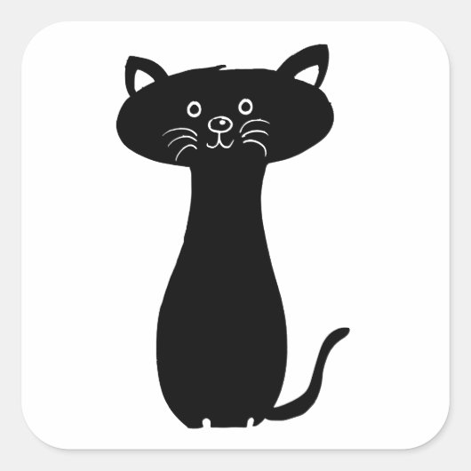 Zwarte Cartoon Kat Vierkante Sticker (Voorkant)