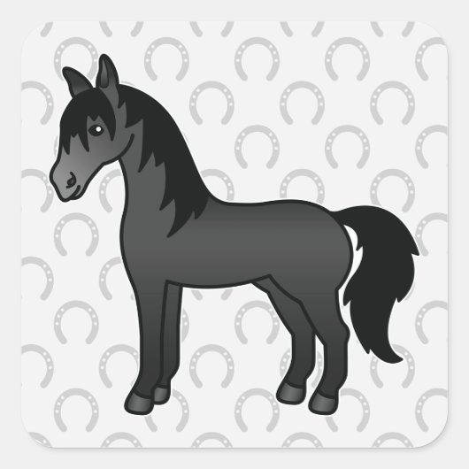 Zwarte Cartoon Paard Vierkante Sticker (Voorkant)