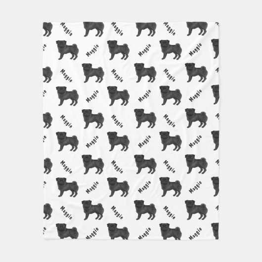 Zwarte Cartoon Pug Dog Met Dog's Naam Patroon Fleece Deken (Voorkant)