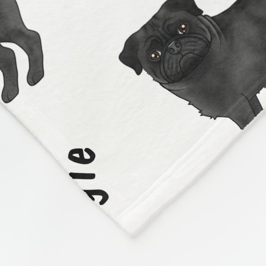 Zwarte Cartoon Pug Dog Met Dog's Naam Patroon Fleece Deken (Hoek)