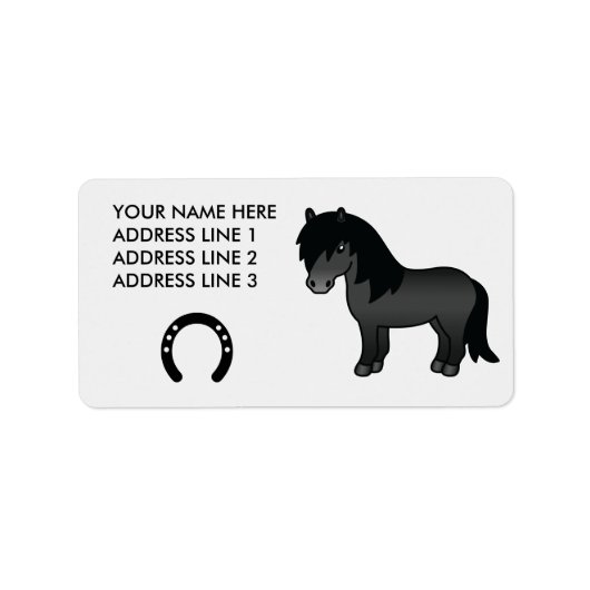 Zwarte Cartoon Shetlandpony Etiket (Voorkant)