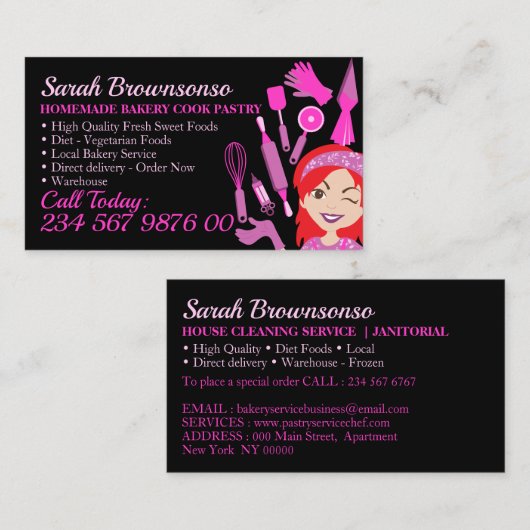 Zwarte Cartoon Vrouw Grijze haarbakkerijkdarm Visitekaartje (Voorkant / Achterkant)