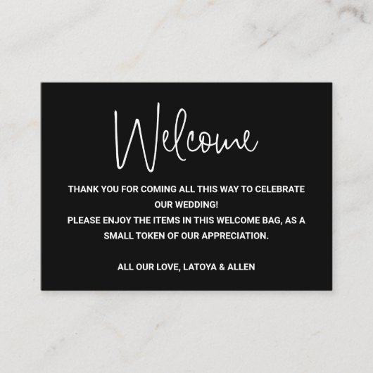 Zwarte Casual scriptweduwschap Welkomstcadeaus voo Plaatskaartje (Voorkant)