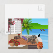 ZWARTE CAT BEACH PATIO 002 HAPPY VACATION BACKGROU BRIEFKAART (Voorkant / Achterkant)