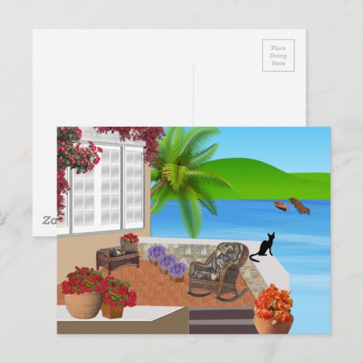 ZWARTE CAT BEACH PATIO 002 HAPPY VACATION BACKGROU BRIEFKAART (Voorkant / Achterkant)