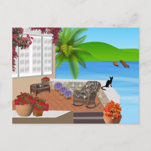 ZWARTE CAT BEACH PATIO 002 HAPPY VACATION BACKGROU BRIEFKAART (Voorkant)