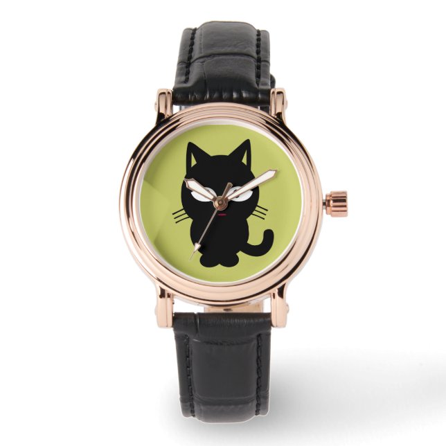 ZWARTE CAT-CARTOON WRIST WATCH HORLOGE (Voorkant)