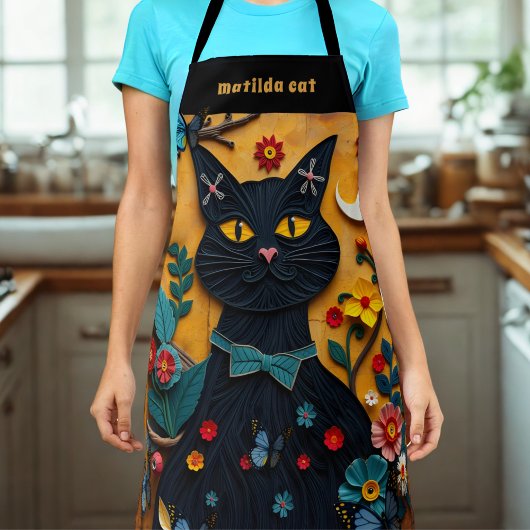 Zwarte Cat Folk Art Kleurrijke Bloemen Schort