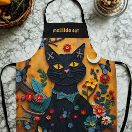 Zwarte Cat Folk Art Kleurrijke Bloemen Schort