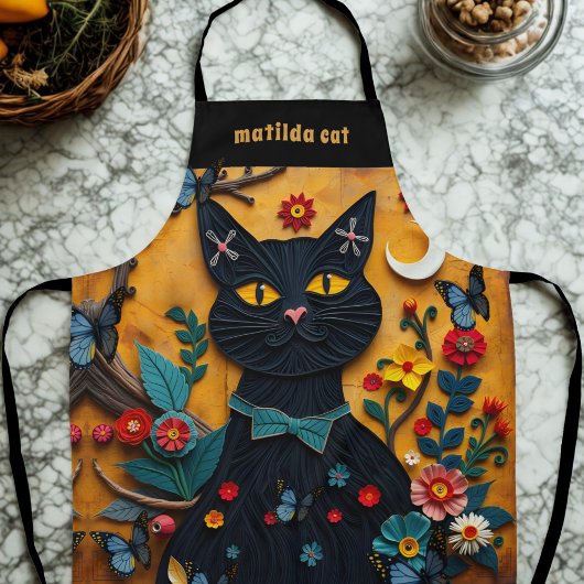 Zwarte Cat Folk Art Kleurrijke Bloemen Schort