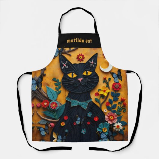 Zwarte Cat Folk Art Kleurrijke Bloemen Schort (Voorkant)