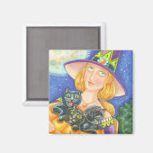 ZWARTE CAT KITTENS EN WITCH HALLOWEEN MAGNET Squar (Voorkant / Achterkant)