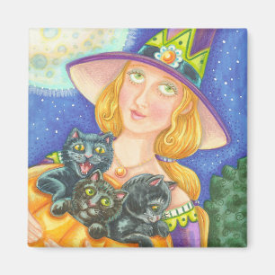 ZWARTE CAT KITTENS EN WITCH HALLOWEEN MAGNET Squar