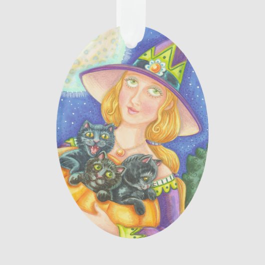ZWARTE CAT KITTENS & WITCH HALLOWEEN ORNAMENT Oval (voorkant)