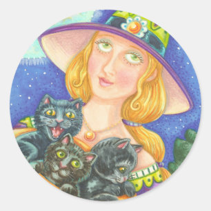 ZWARTE CAT KITTENT EN WITCH STICKERS BLAD-Ronde