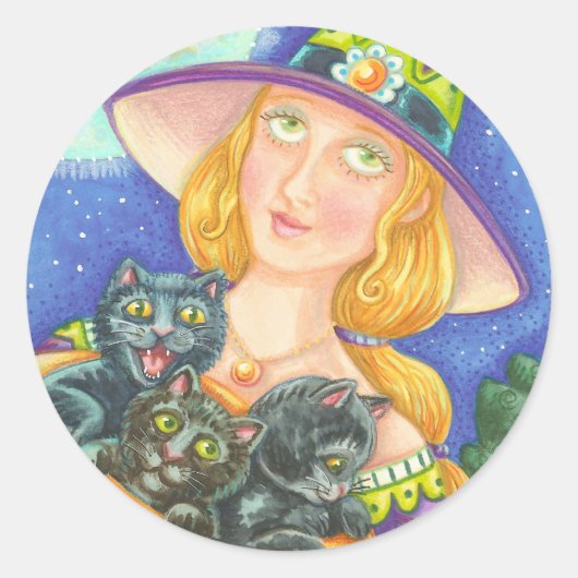 ZWARTE CAT KITTENT EN WITCH STICKERS BLAD-Ronde (Voorkant)