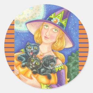 ZWARTE CAT KITTENT EN WITCH STICKERS BLAD-Ronde