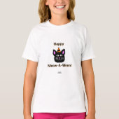 Zwarte Cat Meow-A-Ween Meisjes Wit Basic T Shirt (Voorkant)