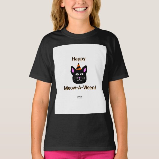 Zwarte Cat Meow-A-Ween Meisjes Zwart Basic T Shirt (Voorkant)
