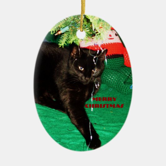 ZWARTE CAT, MERRY CHRISTMAS-versiering Keramisch Ornament (Voorkant)