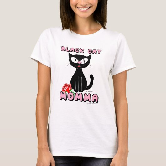 ZWARTE CAT MOMMA-glimlachende Cartoon Kat met rode T-shirt (Voorkant)
