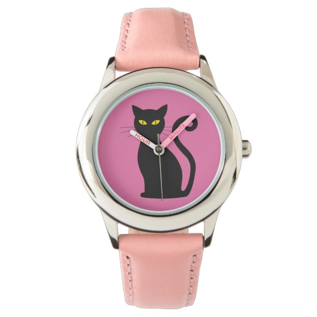 ZWARTE CAT PINK GIRLS WRIST WATCH HORLOGE (Voorkant)