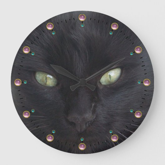 ZWARTE CAT-PORTRAIT MET EMERALD OGEN, Roze Gemston Grote Klok (Voorkant)