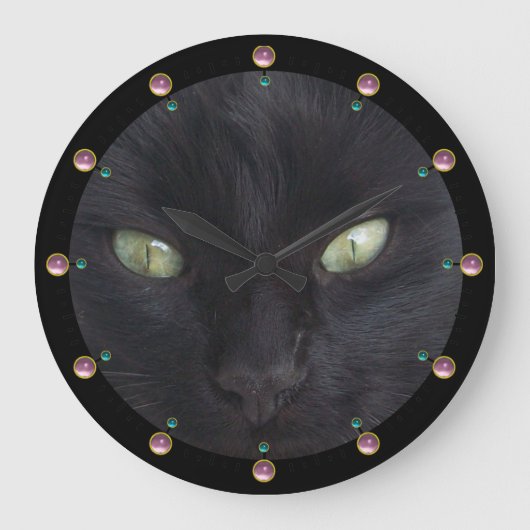 ZWARTE CAT-PORTRAIT MET EMERALD OGEN, Roze Gemston Grote Klok (Voorkant)